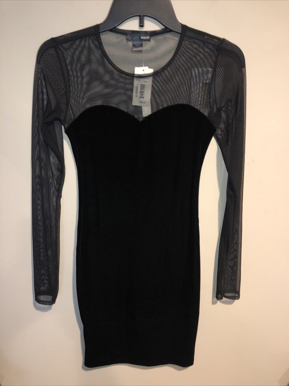 Aqua Black Velvet Dress,Sheer Long Sleeves Sweetheart Neckline, Sexy Sz XS Nwt